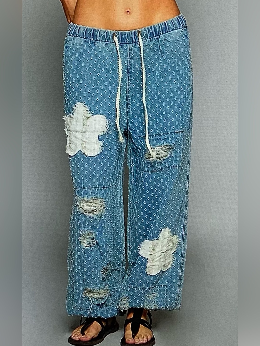 POL Patchwork Distressed Laser Cut Denim Jogger Pants